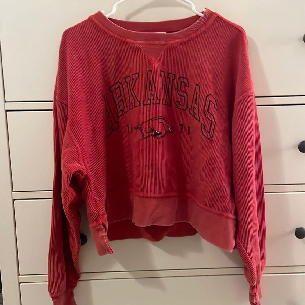 Red University or Arkansas ribbed crewneck